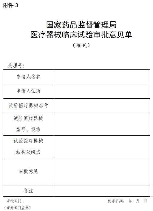 國家藥品監督管理局醫療器械臨床試驗審批意見單（格式）（2021年第121號）(圖1)
